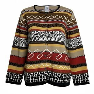 Fisher Hill Womens Cotton Cardigan Sweater Size L Multicolor Geometric Knit Art